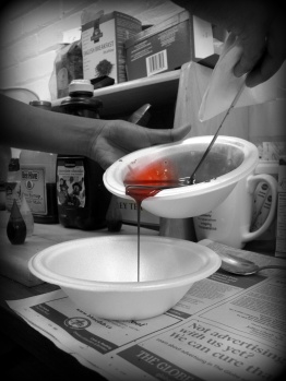 Making fake blood - with corn syrup, chocolate syrup, red and green food colouring